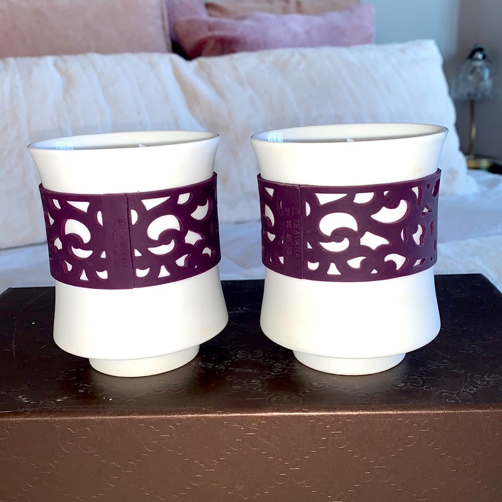tea cups purple and white fine porcelain